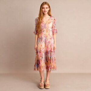 NWT Silk Floral-Print Midi Dress 3D Butterfly